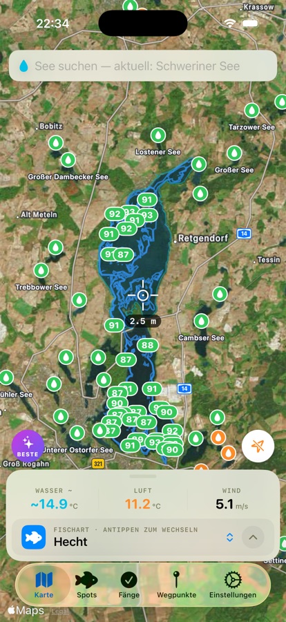 FishFinder Deutschland: Schweriner See mit Tiefenlinien und Spots
