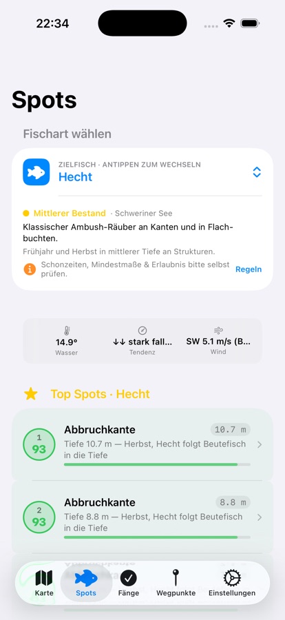 Spot-Liste mit Score und Begründung